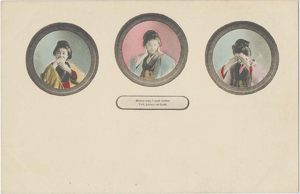 Открытка с изображением девушки в позах трех обезьян